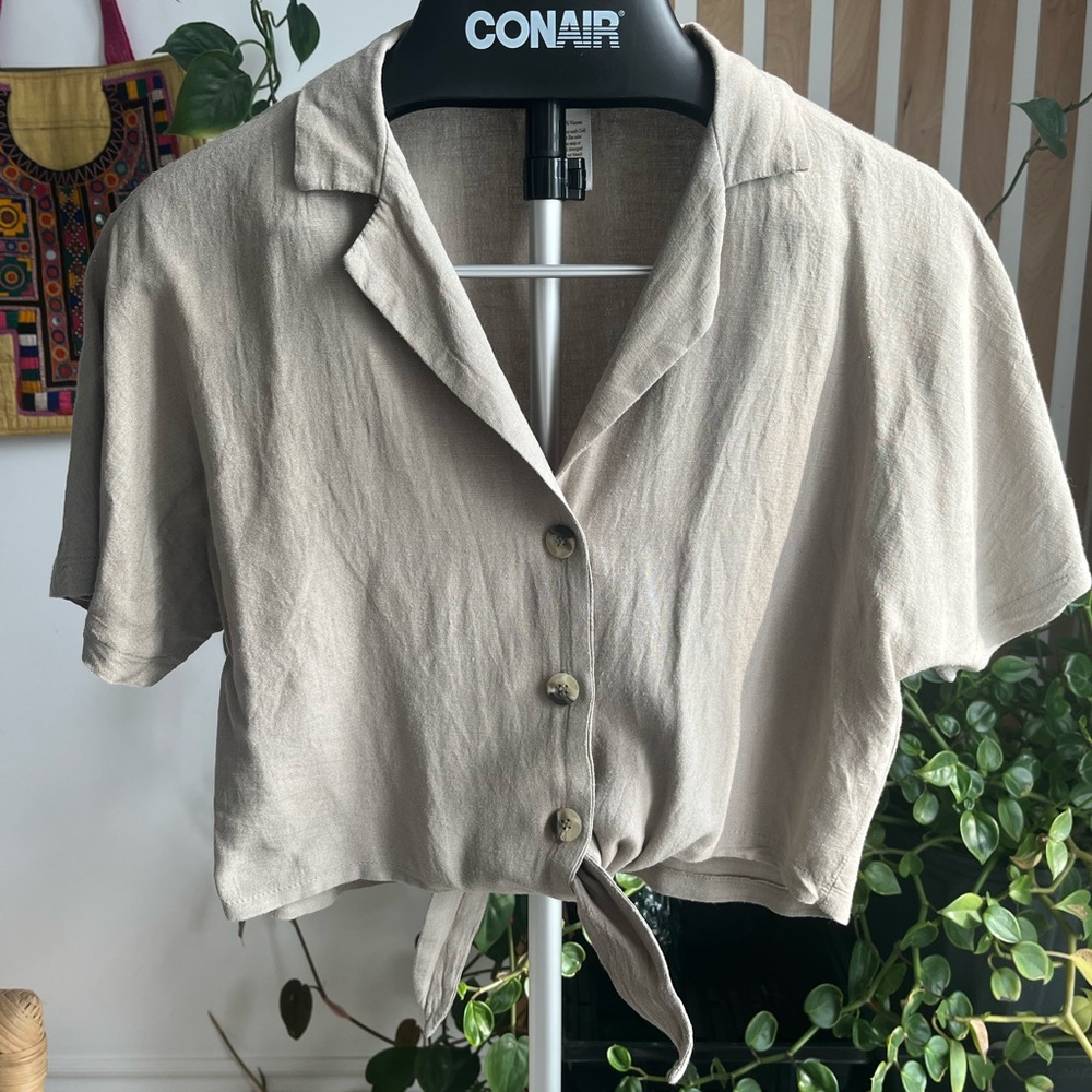 Japna Tan-Olive Green Button-Down Tie Front Shirt